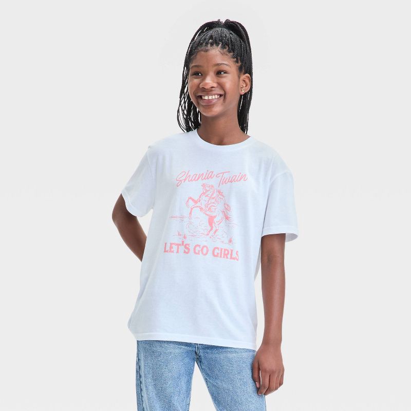 slide 1 of 4, Girls' Shania Twain 'Let's Go Girls' Oversized Graphic T-Shirt - White XL: Cotton-Polyester Blend, Crew Neck, 1 ct