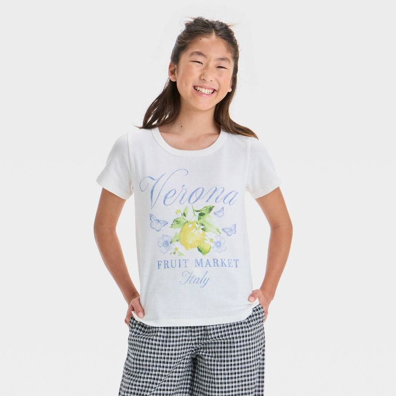 slide 1 of 3, Girls' Verona Graphic Baby T-Shirt - Ivory XL: Cotton-Polyester Blend, Lemon Character, Short Sleeve, 1 ct