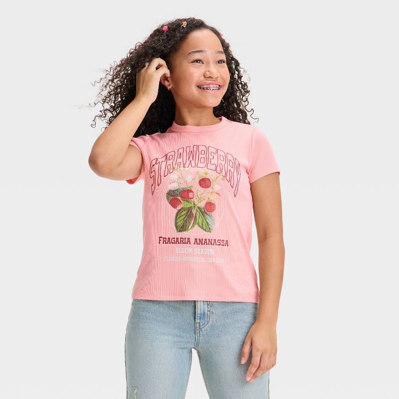 slide 1 of 4, Scavenger Hunt Girls' Strawberry Graphic T-Shirt - Pink L, 1 ct
