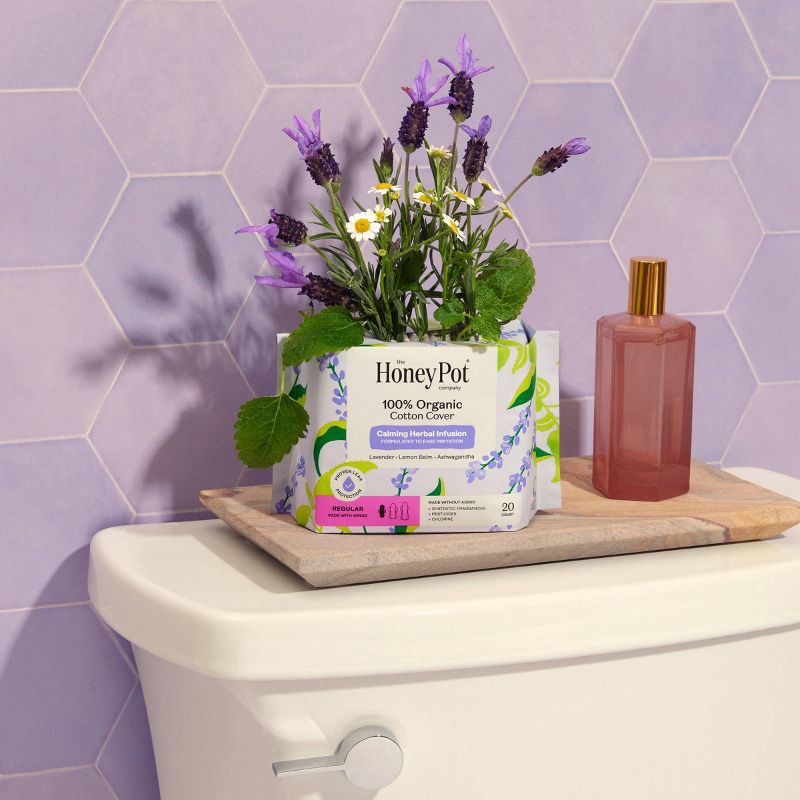 slide 5 of 13, The Honey Pot Company 100% Organic Cotton Cover Calming Herbal Infusion Regular Pads - 20ct, 20 ct