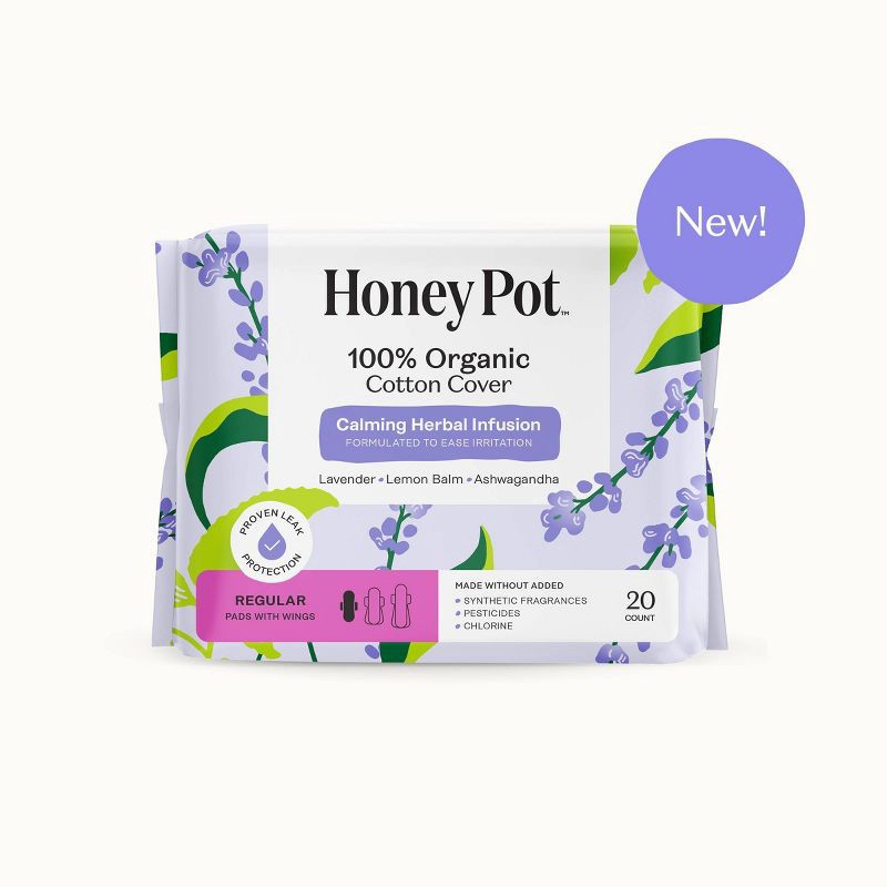 slide 12 of 13, The Honey Pot Company 100% Organic Cotton Cover Calming Herbal Infusion Regular Pads - 20ct, 20 ct