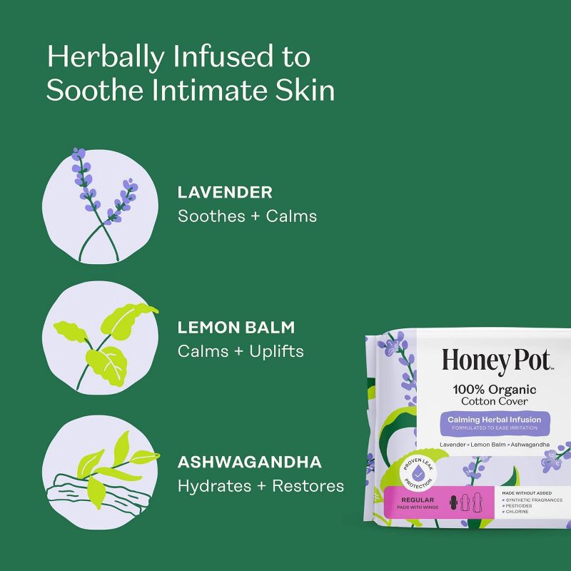slide 4 of 13, The Honey Pot Company 100% Organic Cotton Cover Calming Herbal Infusion Regular Pads - 20ct, 20 ct