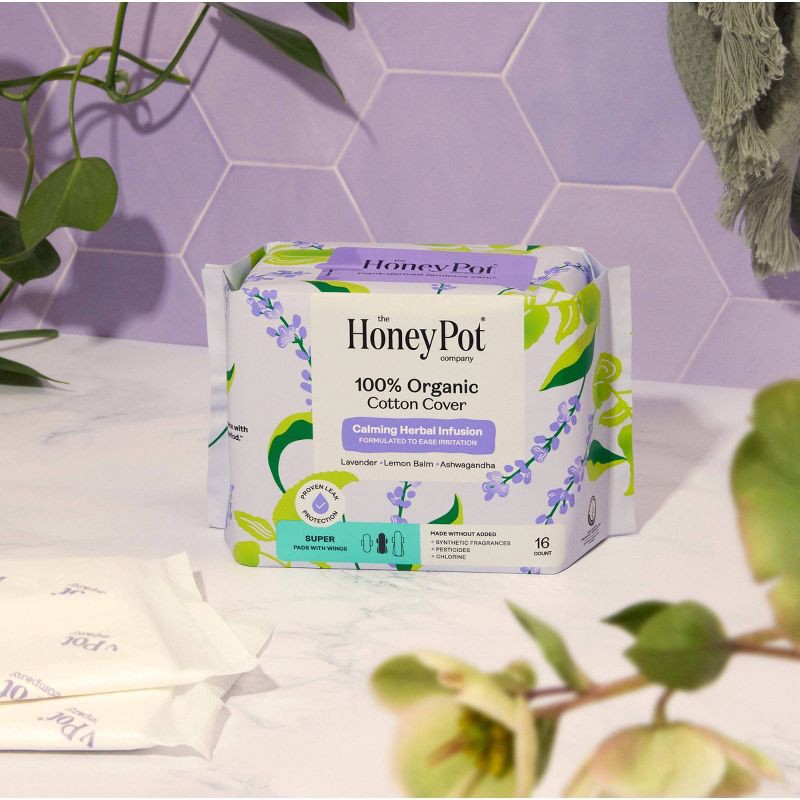 slide 2 of 10, The Honey Pot Company 100% Organic Cotton Cover Calming Herbal Infusion Super Pads - 16ct, 16 ct