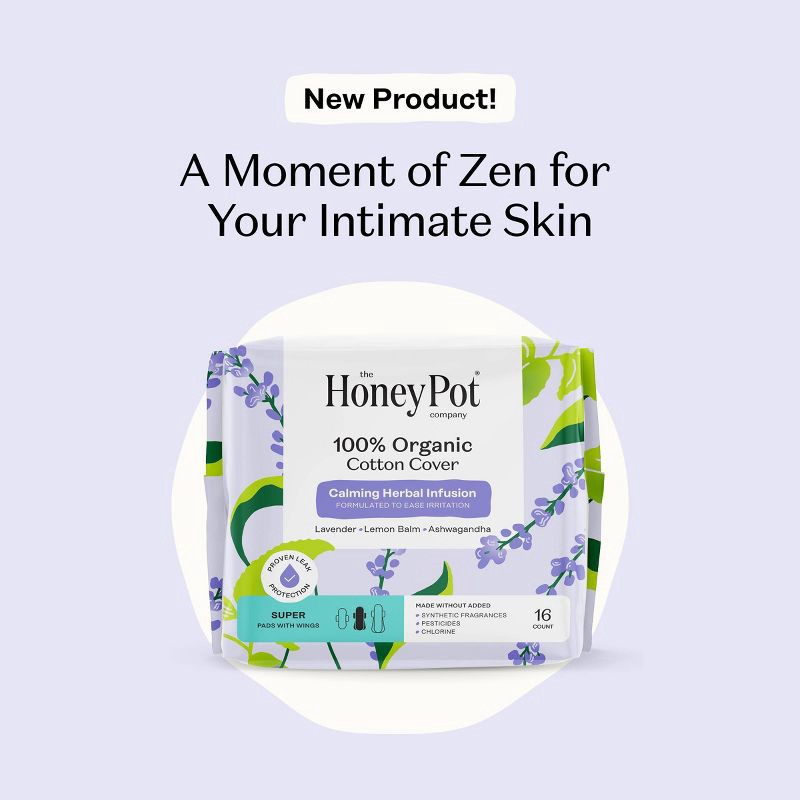 slide 3 of 10, The Honey Pot Company 100% Organic Cotton Cover Calming Herbal Infusion Super Pads - 16ct, 16 ct