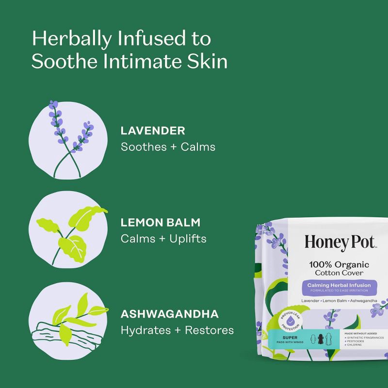 slide 4 of 10, The Honey Pot Company 100% Organic Cotton Cover Calming Herbal Infusion Super Pads - 16ct, 16 ct