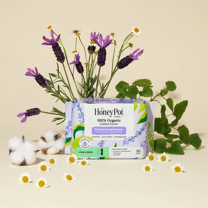 slide 5 of 10, The Honey Pot Company 100% Organic Cotton Cover Calming Herbal Infusion Long Liners - 30ct, 30 ct