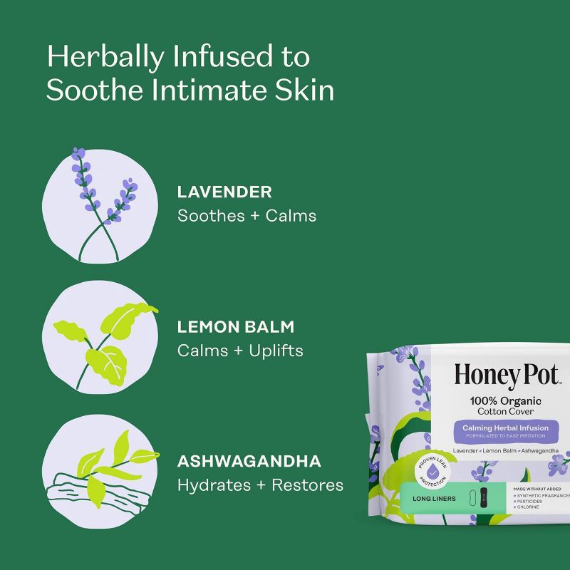 slide 4 of 10, The Honey Pot Company 100% Organic Cotton Cover Calming Herbal Infusion Long Liners - 30ct, 30 ct