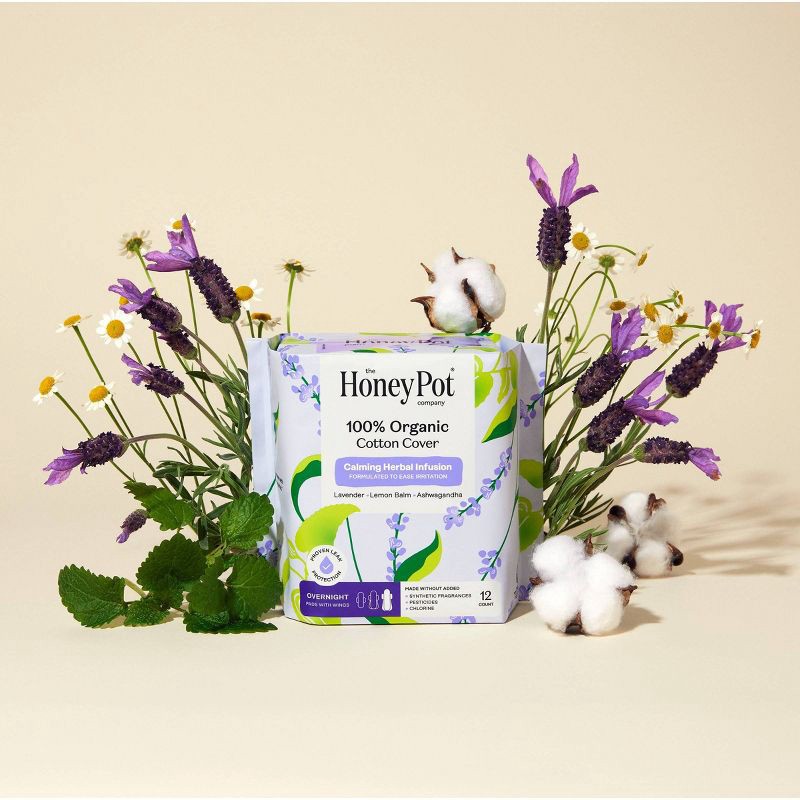 slide 2 of 9, The Honey Pot Company 100% Organic Cotton Cover Calming Herbal Infusion Overnight Pads - 12ct, 12 ct