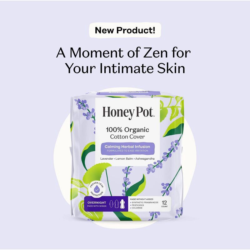slide 3 of 9, The Honey Pot Company 100% Organic Cotton Cover Calming Herbal Infusion Overnight Pads - 12ct, 12 ct
