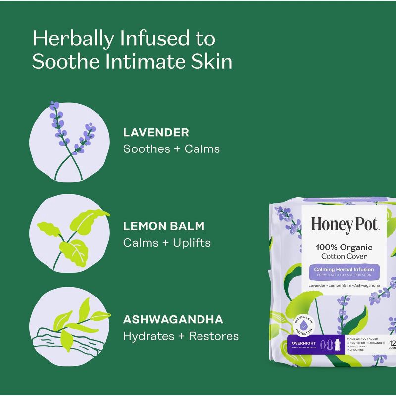 slide 4 of 9, The Honey Pot Company 100% Organic Cotton Cover Calming Herbal Infusion Overnight Pads - 12ct, 12 ct