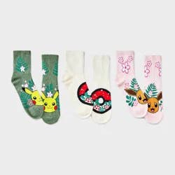 Girls' Pokemon 3pk Mid Crew Socks - Green Cream Pink M/L: Cushioned Sole Knit Design