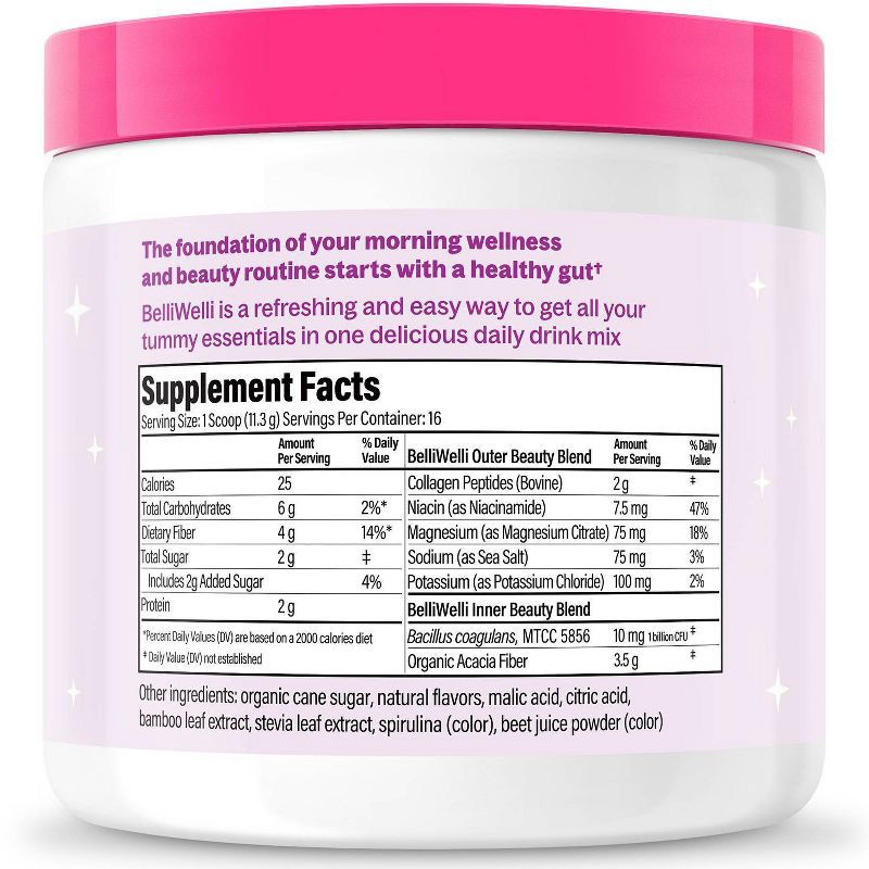 slide 2 of 5, BelliWelli Daily Fiber Supplement + Probiotics, Electrolytes, Collagen, Powder - Wild Berry - 16 servings, 16 servings