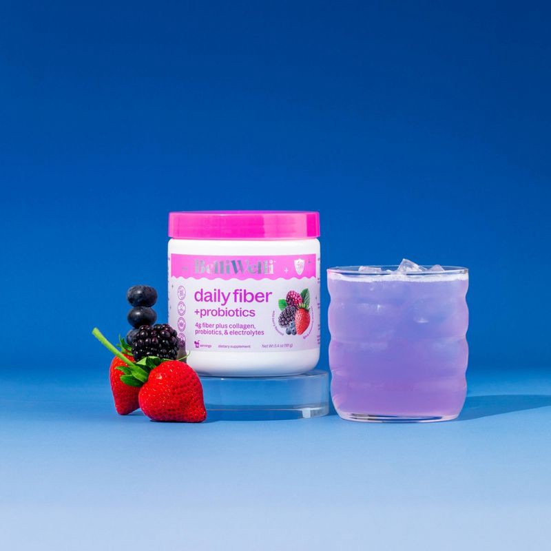 slide 3 of 5, BelliWelli Daily Fiber Supplement + Probiotics, Electrolytes, Collagen, Powder - Wild Berry - 16 servings, 16 servings