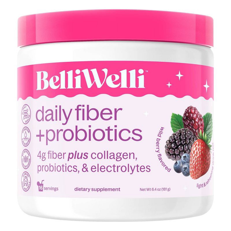 slide 1 of 5, BelliWelli Daily Fiber Supplement + Probiotics, Electrolytes, Collagen, Powder - Wild Berry - 16 servings, 16 servings