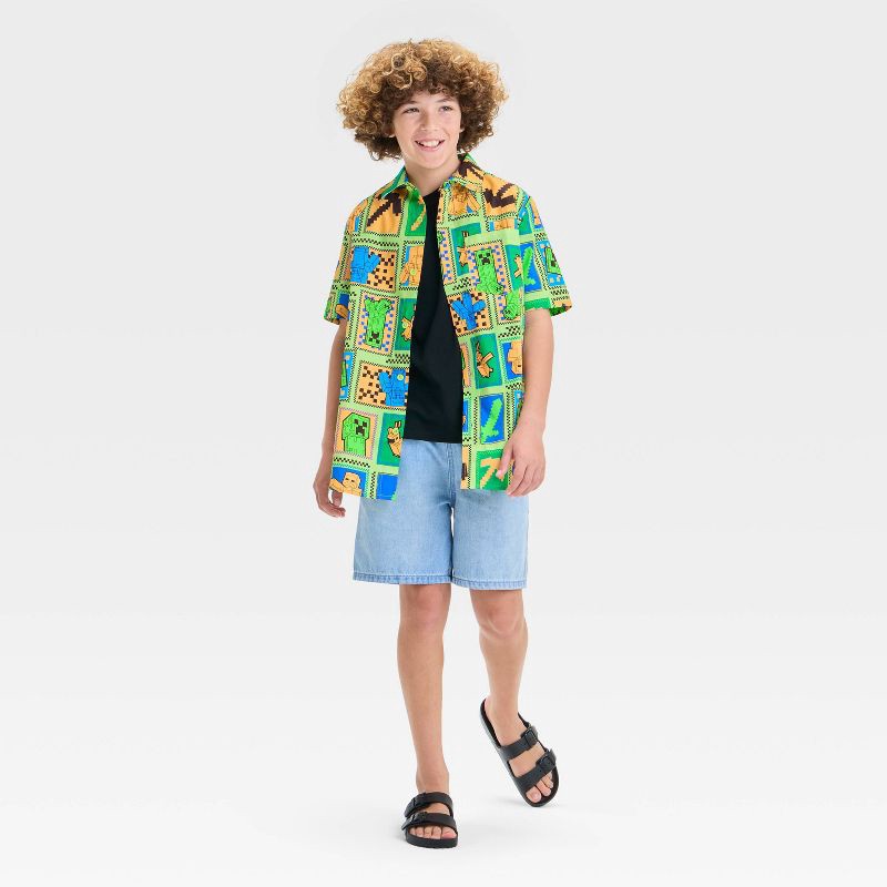 slide 3 of 3, Boys' Minecraft Woven Button-Up Shirt - Mint Green S, 1 ct