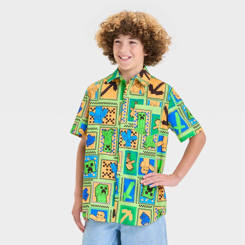 slide 1 of 3, Boys' Minecraft Woven Button-Up Shirt - Mint Green S, 1 ct