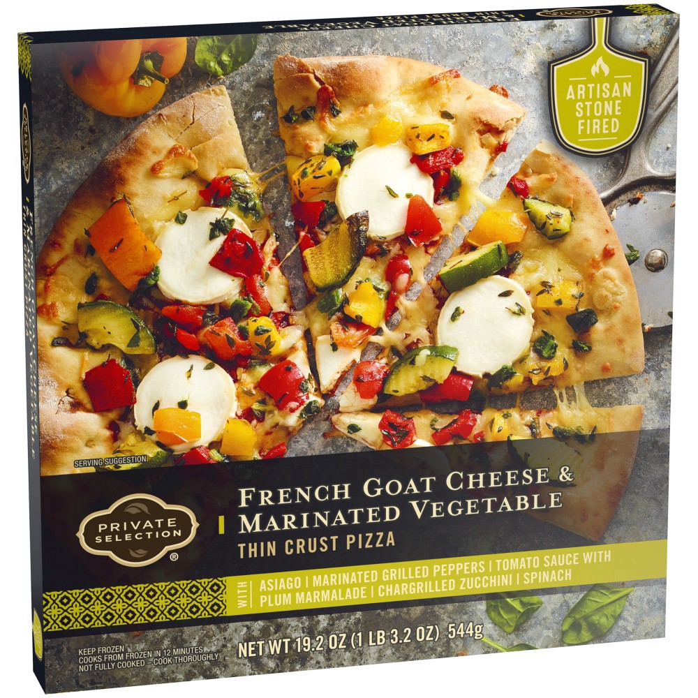 slide 2 of 6, Private Selection French Goat Cheese & Marinated Vegetable Thin Crust Pizza, 19.2 oz