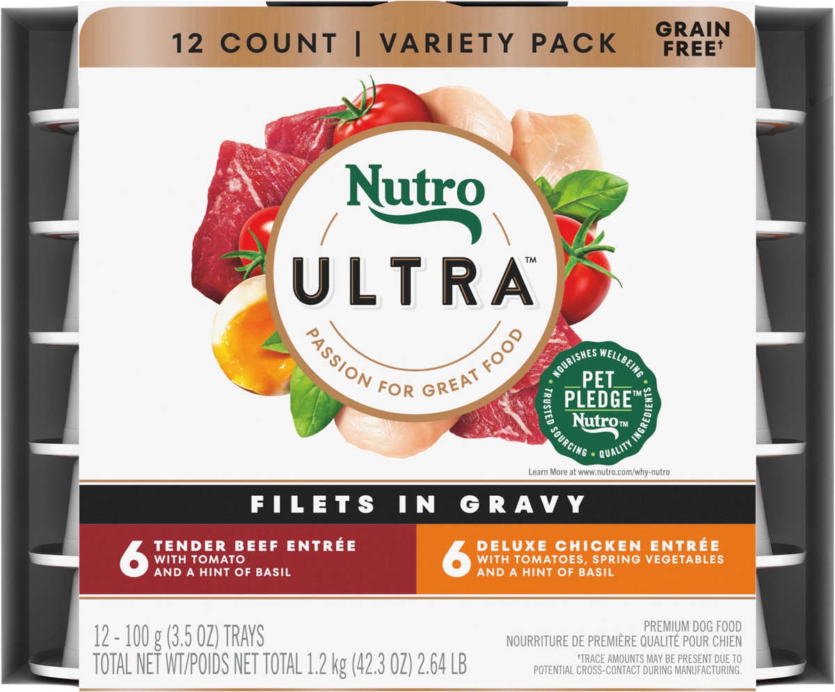slide 4 of 17, Nutro Ultra Filets in Gravy Premium Tender Beef Entree/Deluxe Chicken Entree Dog Food Variety Pack 12 - 3.5 oz Trays, 2.63 Lb