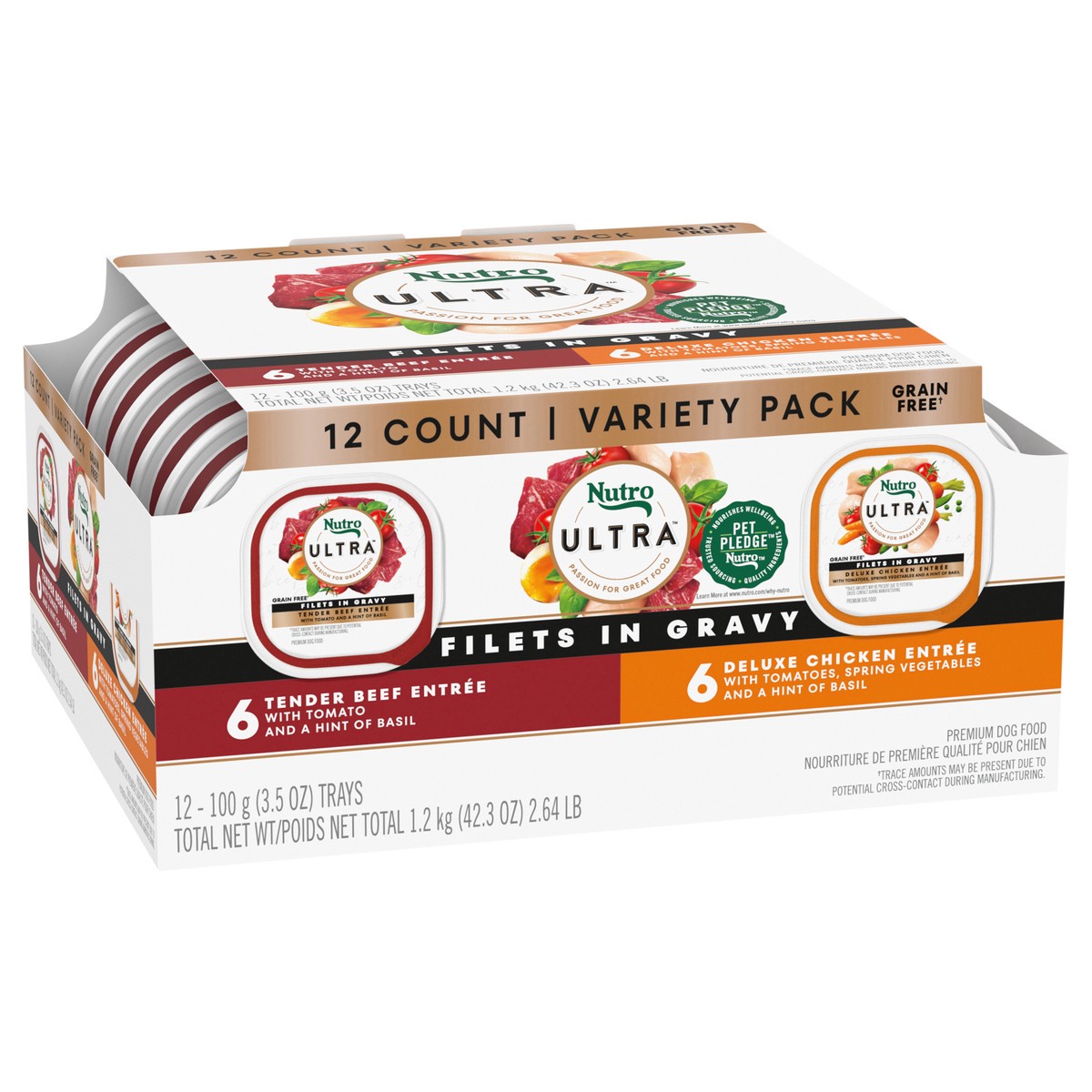 slide 13 of 17, Nutro Ultra Filets in Gravy Premium Tender Beef Entree/Deluxe Chicken Entree Dog Food Variety Pack 12 - 3.5 oz Trays, 2.63 Lb