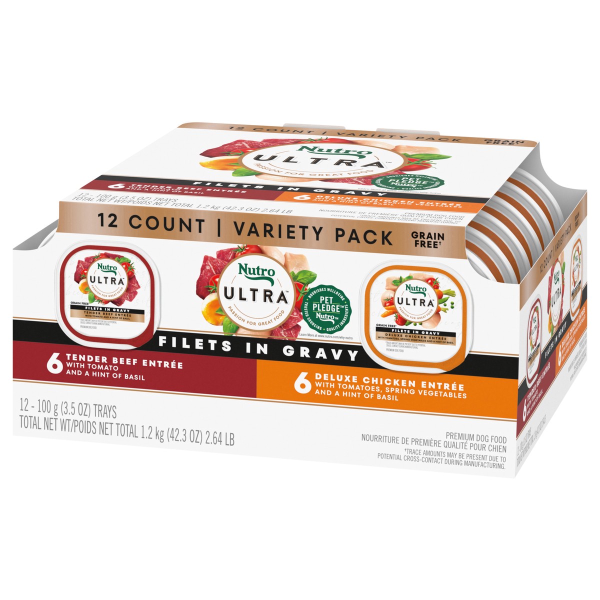 slide 10 of 17, Nutro Ultra Filets in Gravy Premium Tender Beef Entree/Deluxe Chicken Entree Dog Food Variety Pack 12 - 3.5 oz Trays, 2.63 Lb