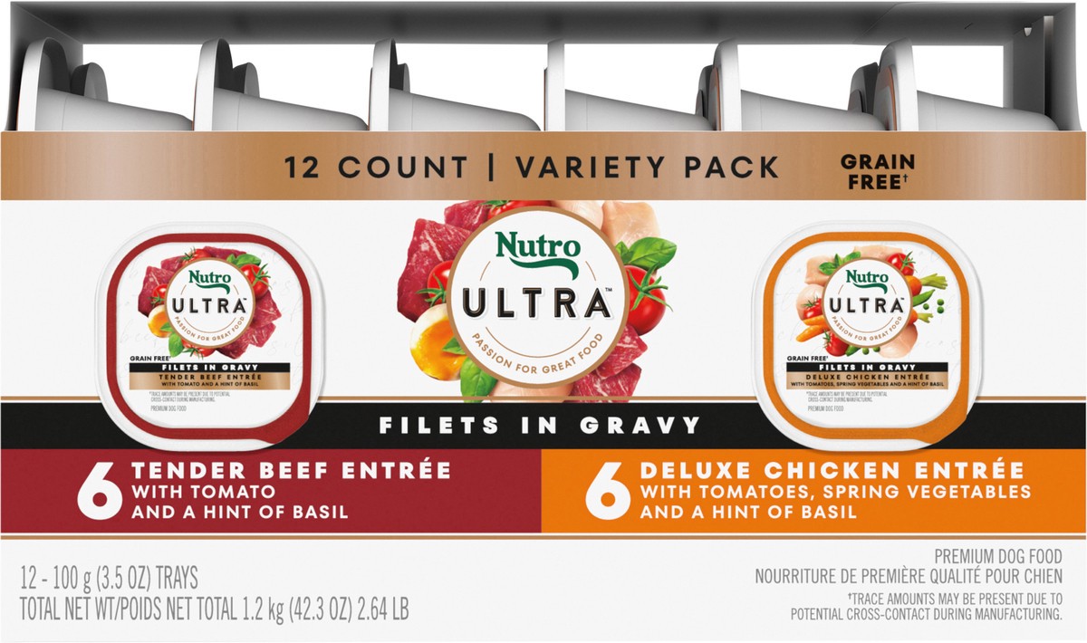 slide 14 of 17, Nutro Ultra Filets in Gravy Premium Tender Beef Entree/Deluxe Chicken Entree Dog Food Variety Pack 12 - 3.5 oz Trays, 2.63 Lb
