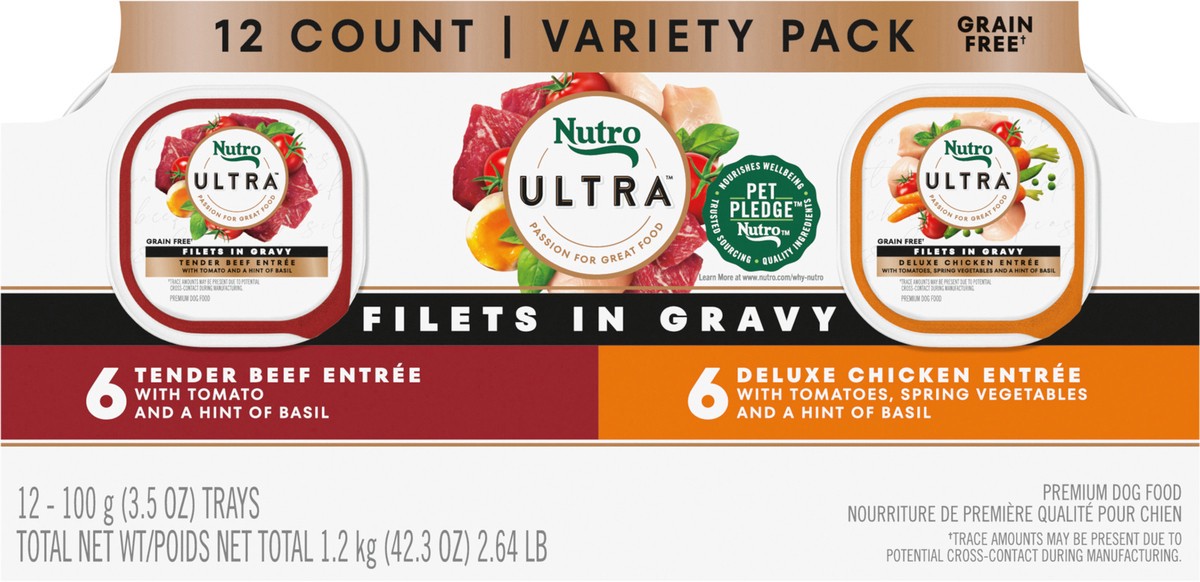 slide 16 of 17, Nutro Ultra Filets in Gravy Premium Tender Beef Entree/Deluxe Chicken Entree Dog Food Variety Pack 12 - 3.5 oz Trays, 2.63 Lb