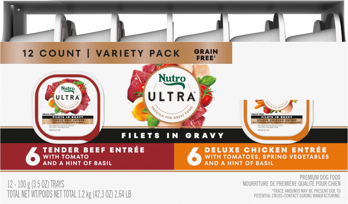 slide 2 of 17, Nutro Ultra Filets in Gravy Premium Tender Beef Entree/Deluxe Chicken Entree Dog Food Variety Pack 12 - 3.5 oz Trays, 2.63 Lb