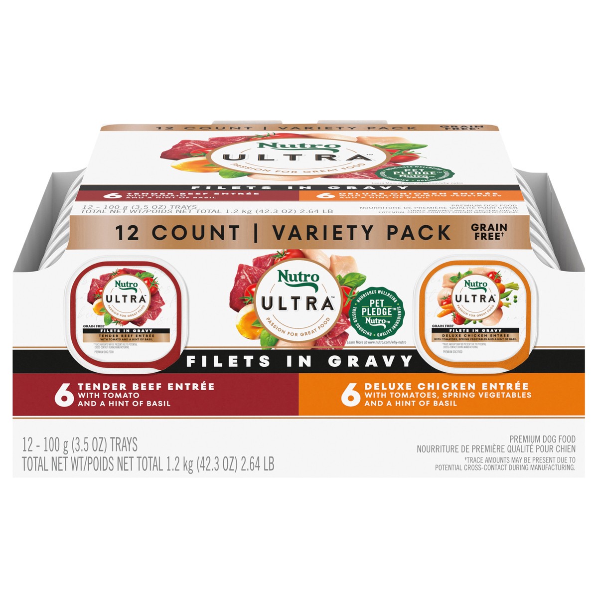 slide 1 of 17, Nutro Ultra Filets in Gravy Premium Tender Beef Entree/Deluxe Chicken Entree Dog Food Variety Pack 12 - 3.5 oz Trays, 2.63 Lb