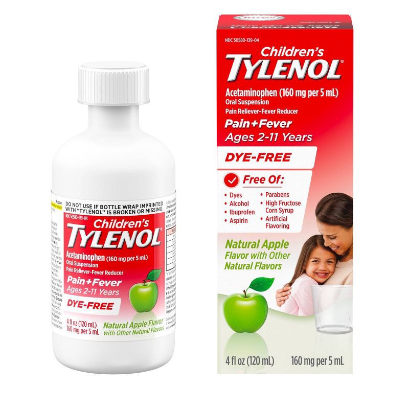 slide 2 of 11, Tylenol Children's Pain + Fever Ages 2 - 11 Years - Apple Flavor Dye-Free Acetaminophen Liquid Suspension- 4 fl oz, 4 fl oz