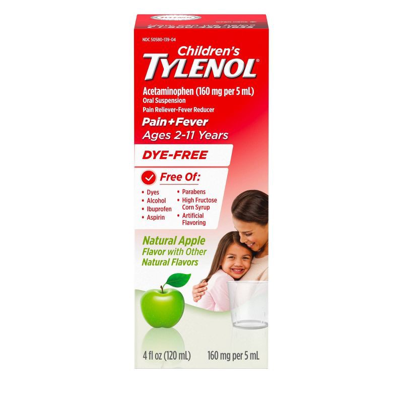 slide 1 of 10, Tylenol Children's Pain + Fever Ages 2 - 11 Years - Apple Flavor Dye-Free Acetaminophen Liquid Suspension- 4 fl oz, 4 fl oz