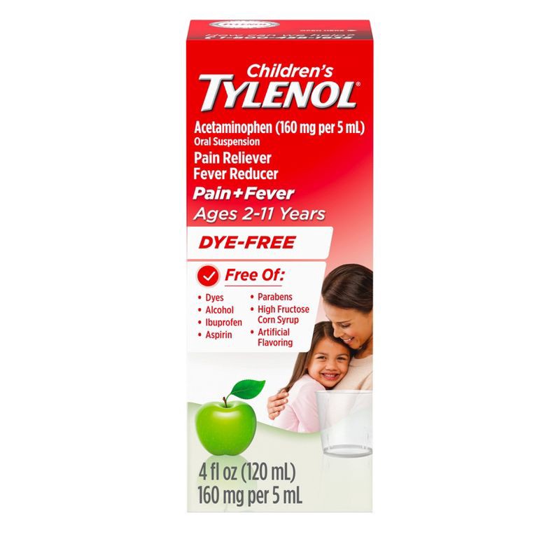 slide 1 of 11, Tylenol Children's Pain + Fever Ages 2 - 11 Years - Apple Flavor Dye-Free Acetaminophen Liquid Suspension- 4 fl oz, 4 fl oz
