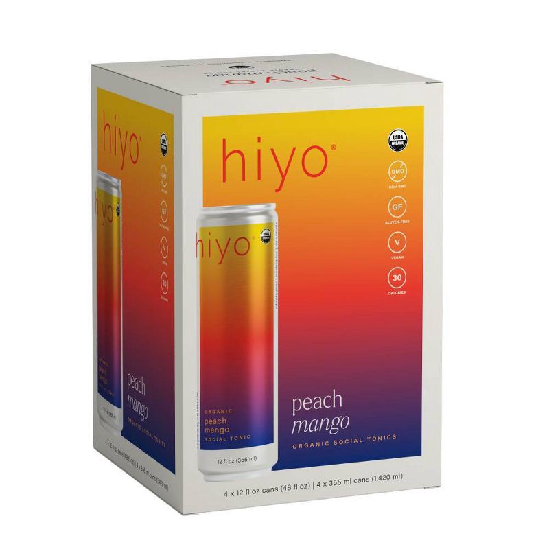 slide 1 of 8, Hiyo NA Hiyo Non-Alcoholic Peach Mango Organic Social Tonic - 4pk/12 fl oz Cans, 4 ct; 12 fl oz