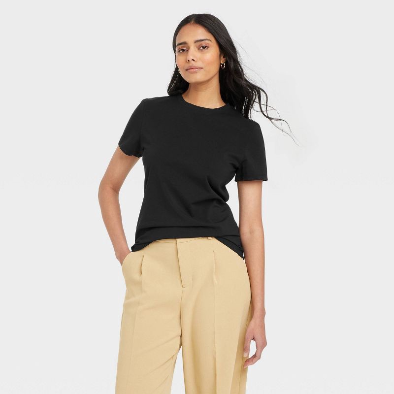 slide 1 of 4, Women's Short Sleeve T-Shirt - A New Day™ Dark Black S: Cotton Spandex Blend, Crew Neck,, 1 ct