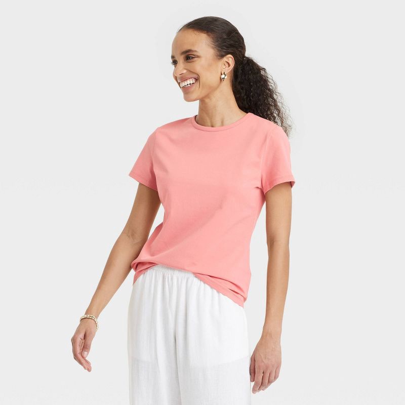 slide 1 of 4, Women's Short Sleeve T-Shirt - A New Day™ Coral M: Cotton-Spandex Blend, Crew Neck, Jersey Fabric, 1 ct