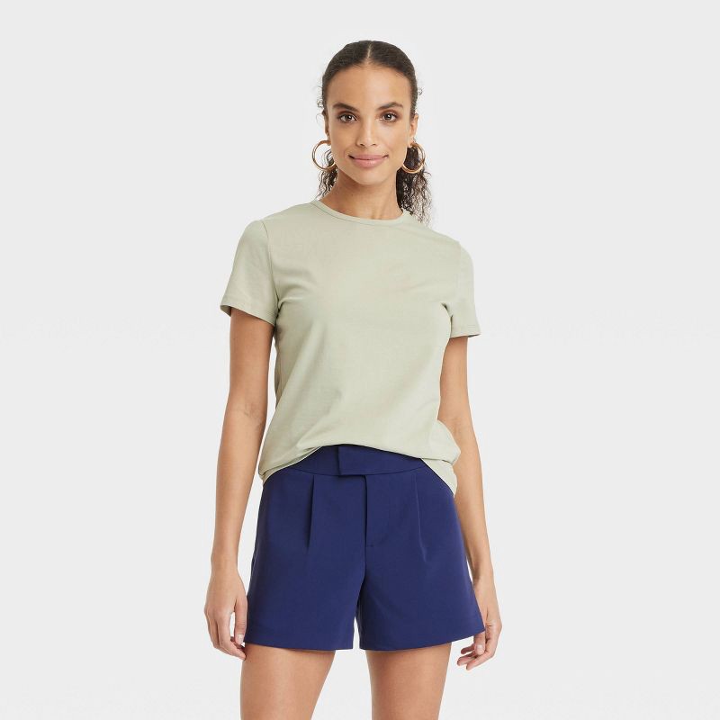 slide 1 of 4, Women's Short Sleeve T-Shirt - A New Day™ Light Green M: Cotton Spandex Blend, Crew Neck, Pullover Style, 1 ct