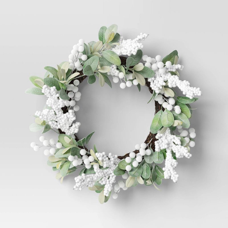 slide 1 of 3, 22" Christmas Unlit Lambs Ear White Berry Wreath - Wondershop™, 1 ct