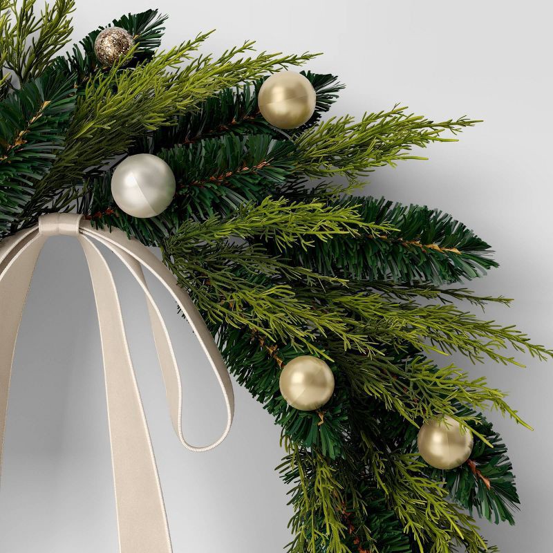 slide 3 of 3, 24" Christmas Unlit Champagne Ornament and Bow Wreath - Wondershop™, 1 ct