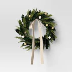 24" Christmas Unlit Champagne Ornament and Bow Wreath - Wondershop™