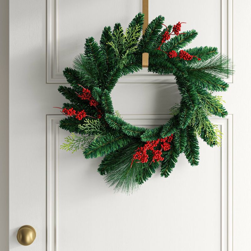 slide 2 of 3, 20" Christmas Unlit Mixed Greenery Wreath Red Berries - Wondershop™, 1 ct