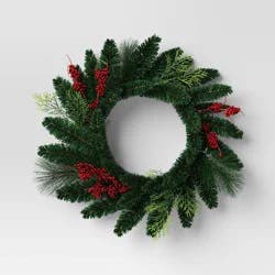 20" Christmas Unlit Mixed Greenery Wreath Red Berries - Wondershop™