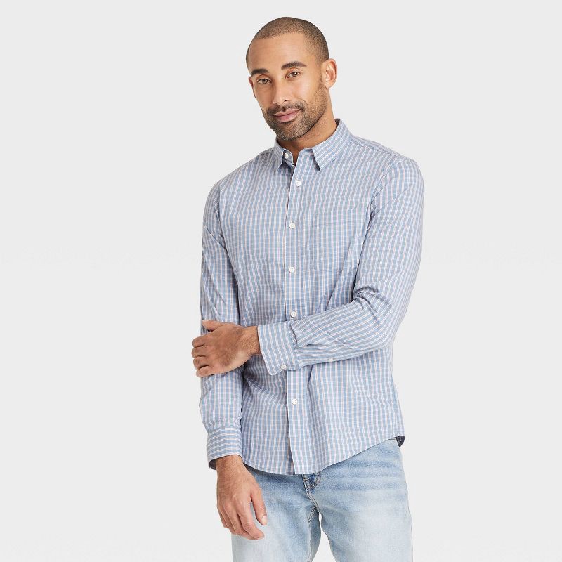 slide 1 of 3, Men's Comfort Wear Long Sleeve Shirt - Goodfellow & Co™ Blue L: Plaid, Lightweight, Button Down, 1 ct