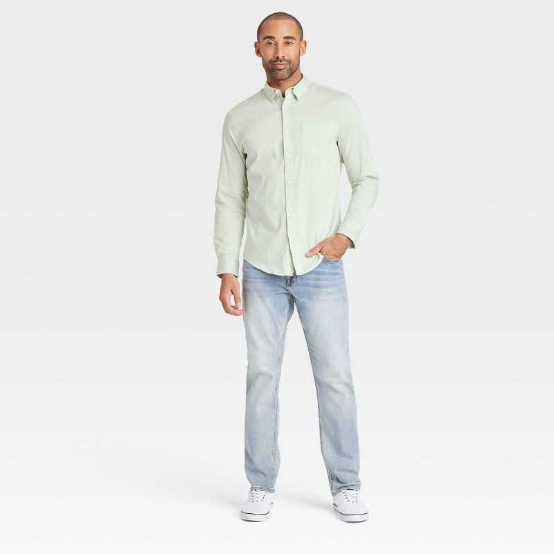 slide 3 of 3, Men's Comfort Wear Long Sleeve Shirt - Goodfellow & Co™ Green M: Stripe Pattern, Button Down, 1 ct