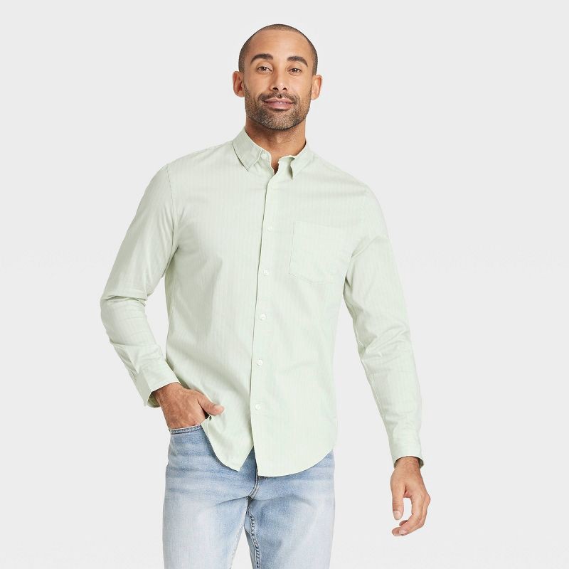 slide 1 of 3, Men's Comfort Wear Long Sleeve Shirt - Goodfellow & Co™ Green M: Stripe Pattern, Button Down, 1 ct