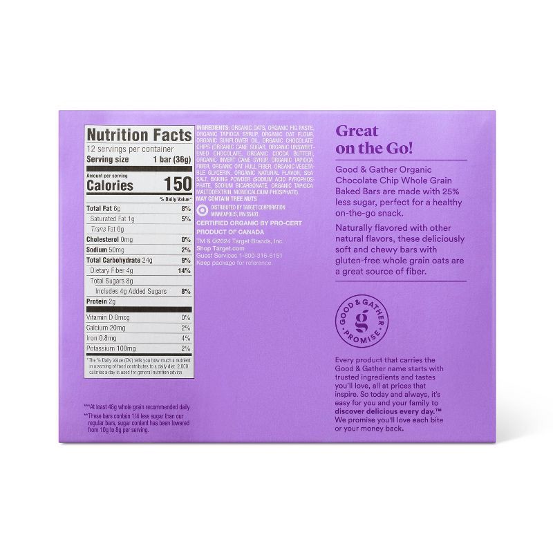 slide 2 of 5, Organic 25% Less Sugar Chocolate Chip Whole Grain Baked Bars - 15.24oz - Good & Gather™, 15.24 oz