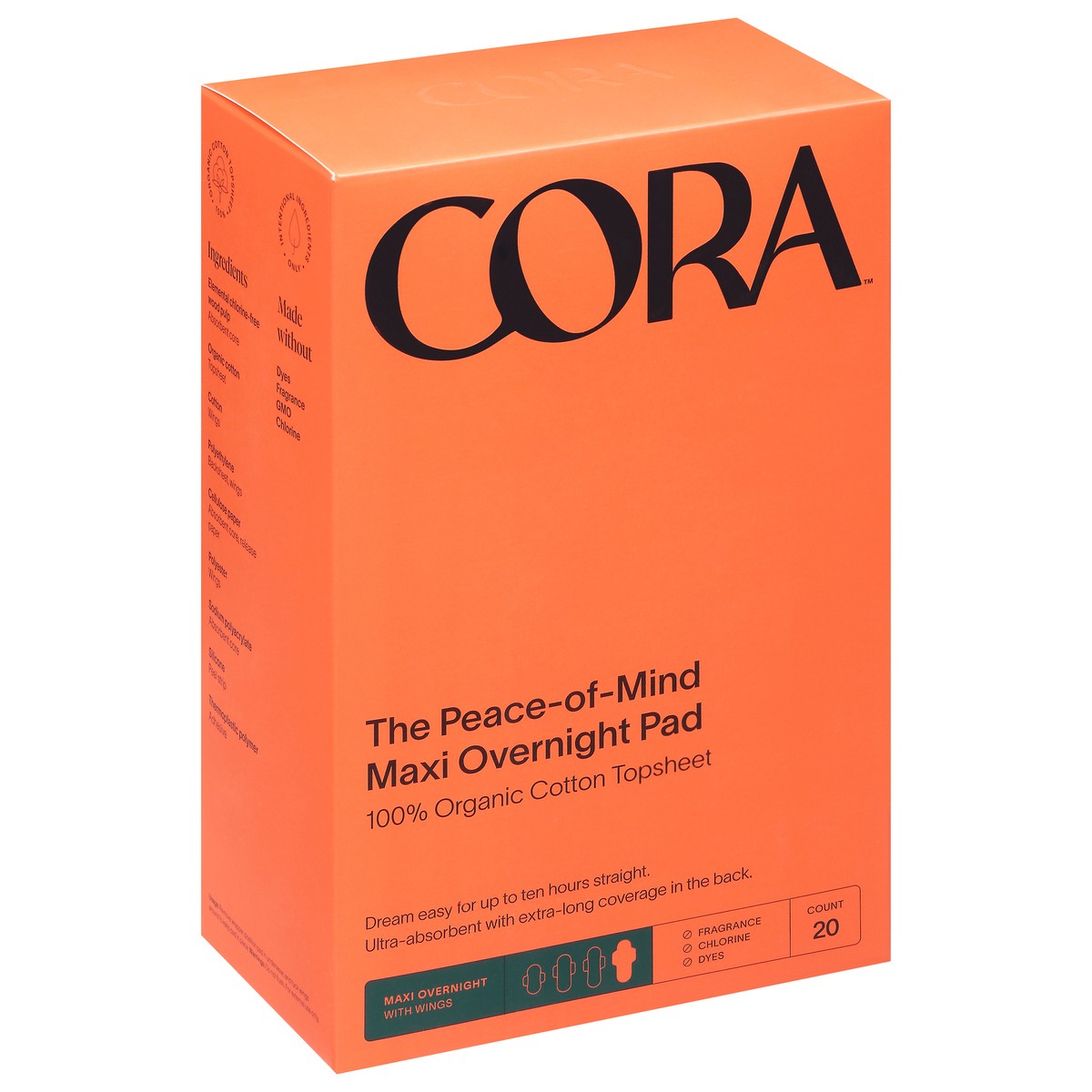 slide 4 of 9, Cora Extra Long The Peace-of-Mind Maxi Overnight Pads 20 ea, 20 ct