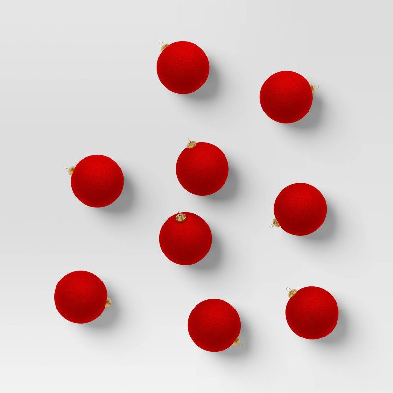 slide 1 of 4, 9ct 80mm Christmas Flocked Ball Ornament Set Red - Wondershop™, 9 ct
