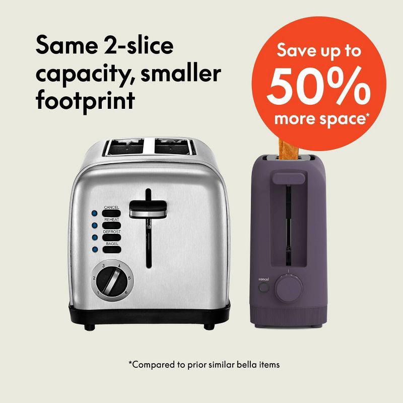 slide 4 of 9, bella Housewares bella 2-Slice Slim Toaster Plum: Metal, 900W, 2-Year Warranty, Spot Clean, 6.85" H, 3.58" D, 14.88" W, 1.98 lbs, 1.98 lb