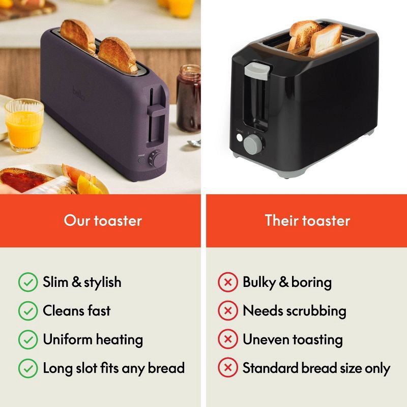 slide 8 of 9, bella Housewares bella 2-Slice Slim Toaster Plum: Metal, 900W, 2-Year Warranty, Spot Clean, 6.85" H, 3.58" D, 14.88" W, 1.98 lbs, 1.98 lb