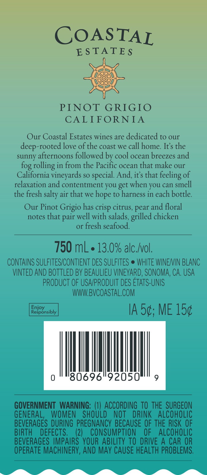 slide 2 of 4, Coastal Estates Pinot Grigio, White Wine, California 2018, 1 ct, 750ml Bottle, 750 ml