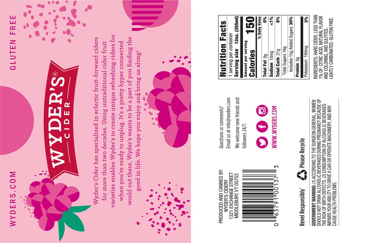 slide 4 of 8, Wyder's Wyders Wyder's Raspberry Hard Cider - 6pk/12 fl oz Cans, 6 ct; 12 fl oz